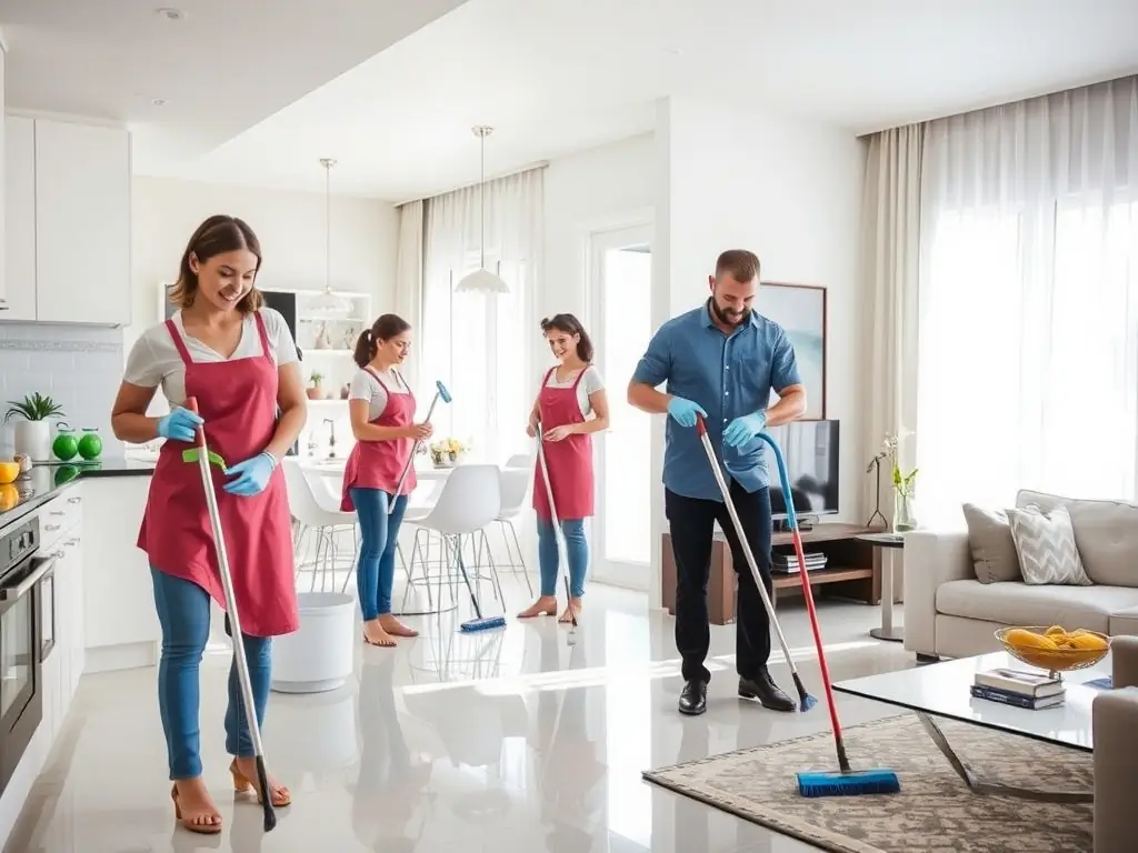 A professional team deep cleaning a rental property, showing sparkling surfaces and freshly cleaned carpets, representing the end-of-tenancy cleaning service.