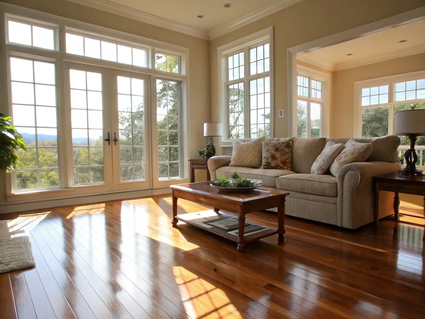 A bright and airy living room after a domestic cleaning service, showcasing spotless surfaces and organized furniture, emphasizing the comfort and cleanliness achieved.
