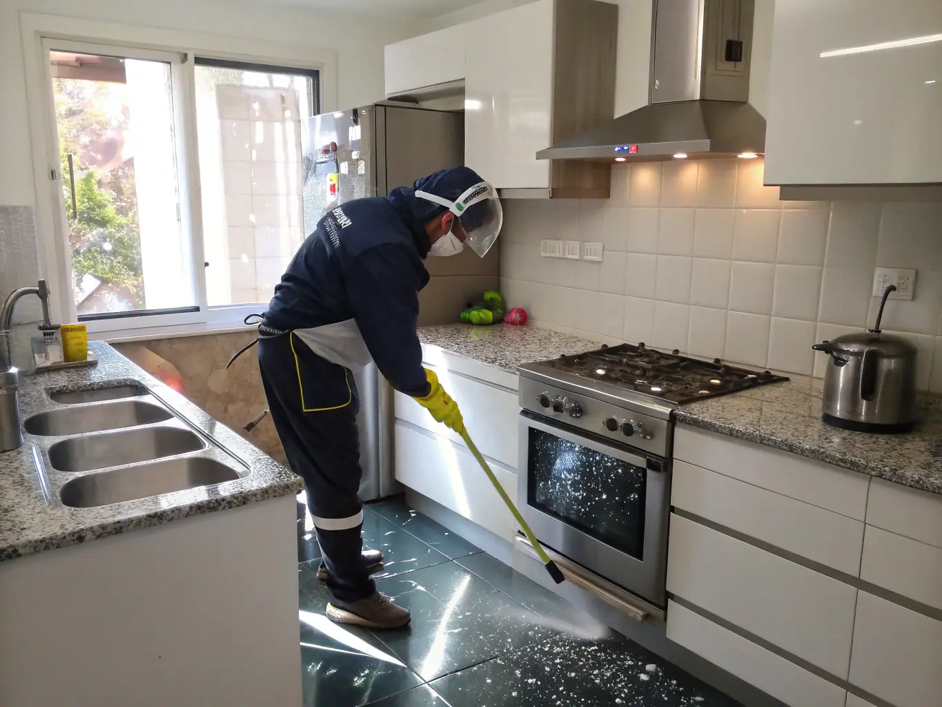 A professional cleaner scrubbing grout in a bathroom with bright, coastal-themed tiles, illustrating the deep cleaning service.